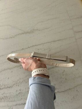 WHBM Patent Nude Beige Belt with Silver Rectangular Bow Buckle Size Small